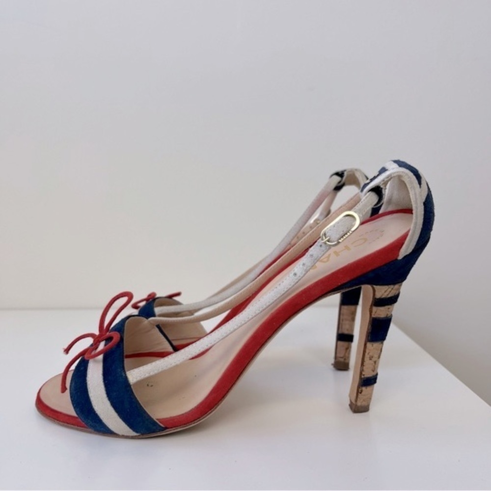 CHANEL Multicolor Suede CC Bow Cork Heel Ankle Strap Sandals Size 39